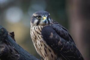 un esmerejón pájaro de presa en un rama en cerca arriba creado con generativo ai tecnología. foto