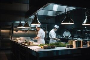 profesional cocineros Cocinando en un moderno cocina creado con generativo ai tecnología. foto