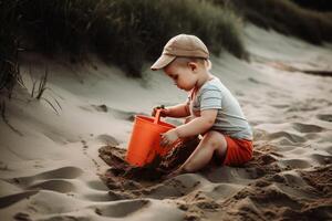 un pequeño niño obras de teatro en el playa con un pala y Cubeta en el arena creado con generativo ai tecnología. foto