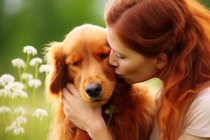 A Woman kissing her beloved dog created with technology. photo