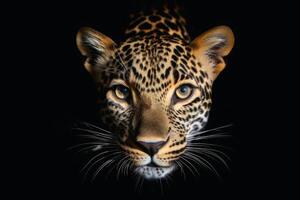 un cerca arriba retrato de fascinante leopardo fotografía creado con generativo ai tecnología foto