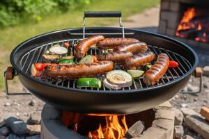 A tasty barbecue with sausages and vegetables created with technology. photo
