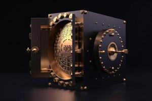 Gold Safe deposit with crypto currency logo and copy space created with technology. photo