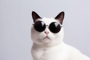 un frio blanco gato vistiendo negro Gafas de sol en un blanco antecedentes creado con generativo ai tecnología. foto