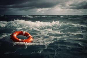 Lifebuoy on a stormy water created with technology. photo