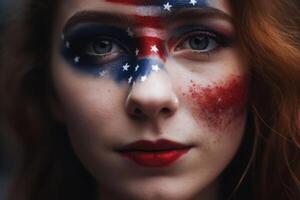 Independence day celebration close up of woman face painted with the US flag created with technology. photo