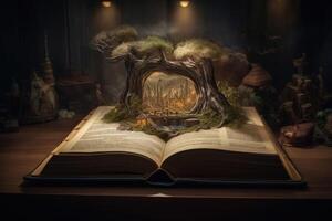 A magical book with fantasy stories coming out of the book created with technology. photo