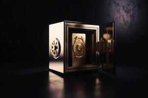 Gold Safe deposit with crypto currency logo and copy space created with technology. photo