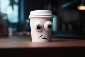 A tired coffee cup with eyes on a kitchen table created with technology. photo