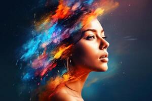 Portrait of a beautiful woman with colorful splashes created with technology. photo