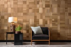 A room with block shaped wooden panels on the wall created with technology. photo