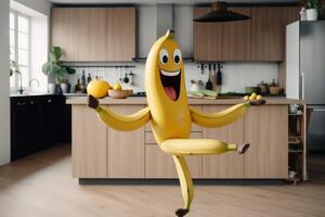 A smiling banana with arm and legs running on a kitchen table created with technology. photo