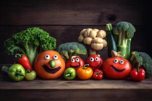 Different happy vegetables with eyes on a wooden background created with technology. photo