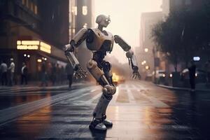 An AI robot dancing in a busy street for some money created with technology. photo