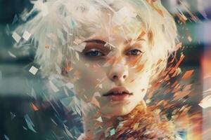 Close up of a beautiful cyberspace female face in a chaotic surreal style created with technology. photo