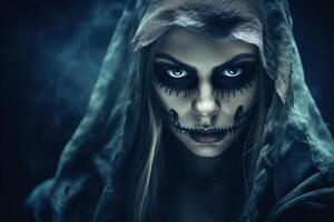 A creepy woman with a dark spooky make up created with technology. photo