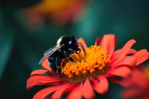 cerca arriba de un abejorro en un vistoso flor creado con generativo ai tecnología. foto