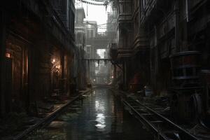 A dystopic city without people in an apocalyptic look created with technology. photo