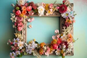 A highly decorated wooden frame with small flowers created with technology. photo