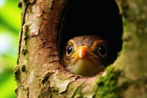 Bird peek a boo out of a tree created with technology. photo