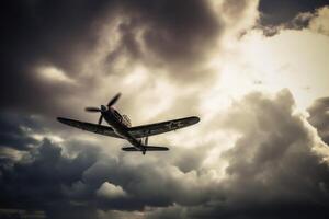 un segundo mundo guerra luchando avión en un dramático cielo creado con generativo ai tecnología. foto