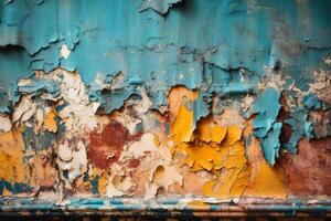 An old wall background with paint peeling in different colors created with technology. photo