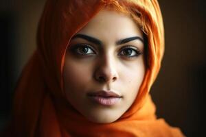 Close up view of a young woman with a headscarf created with technology. photo