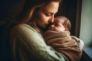 A mother holding her baby in her arms created with technology. photo