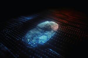 Detailed fingerprint made of glowing light on a dark technical background created with technology. photo