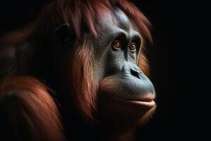 cerca arriba ver de un orang utan en contra un oscuro antecedentes creado con generativo ai tecnología. foto