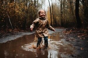 contento pequeño niña saltos en un charco con caucho botas creado con generativo ai tecnología. foto