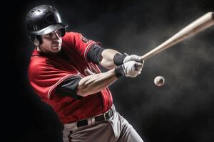 un béisbol jugador golpear un Perfecto hogar correr creado con generativo ai tecnología. foto