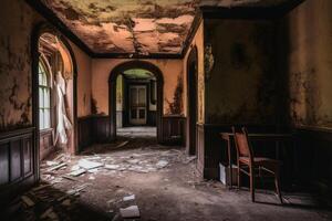 Inside an abandoned haunted house created with technology. photo