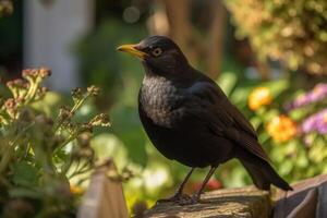 A blackbird in the garden that keeps order created with technology. photo