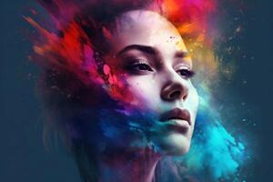 Portrait of a beautiful woman with colorful splashes created with technology. photo