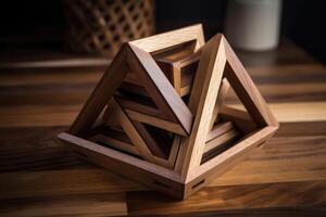 An impossible geometric puzzle made of wood create by technology. photo