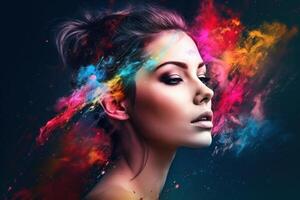 Portrait of a beautiful woman with colorful splashes created with technology. photo