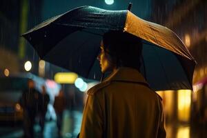 A young woman with an umbrella seen from behind walks in a modern city at night and heavy rain created with technology. photo