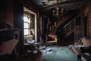 Inside an abandoned haunted house created with technology. photo