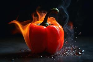 A burning hot peperoni on a dark background created with technology. photo