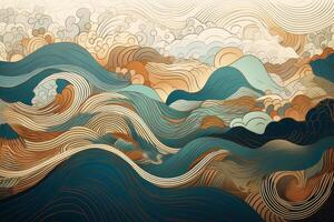 Water Waves of flowing colour from gold and blue tones in an asian paper style created with technology photo
