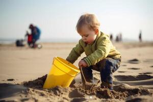 A small child plays on the beach with a shovel and bucket in the sand created with technology. photo