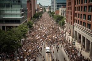 A lot of people demonstrating on a street created with technology. photo