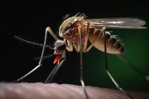 Close-up view of a mosquito on a human arm created with technology. photo