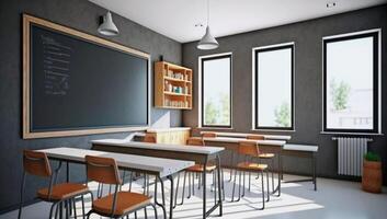 School classroom with chairsdesks and chalkboard without student photo