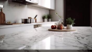 White marble counter top table with modern kitchen room photo