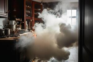 Smoke and fire during an accident in a kitchen created with technology. photo