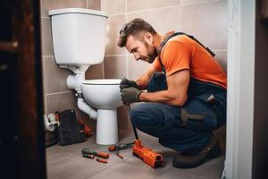 A plumber repairing the bathroom created with technology photo