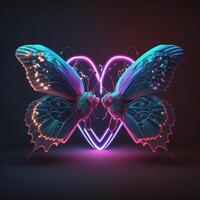 Neon glowing butterfly animal isolated on dark background, phantasmal iridescent, psychic waves created with technology photo