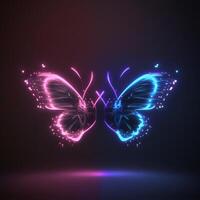 Neon glowing butterfly animal isolated on dark background, phantasmal iridescent, psychic waves created with technology photo